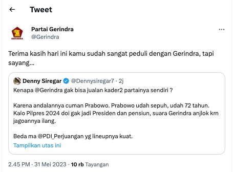  Akun Twitter Partai Gerindra Respon Denny Siregar Dari Gerah Hingga Sayang